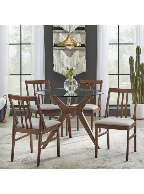 TMS Trita 5 Piece Round Dining Set, Walnut and Tempered Glass Top