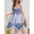 thumbnail image 6 of FRSASU Women's Spaghetti Strap Summer Dress V-Neck Handkerchief Hem Paisley Casual Sundress Holiday Beach Mini Dress Blue, 6 of 7