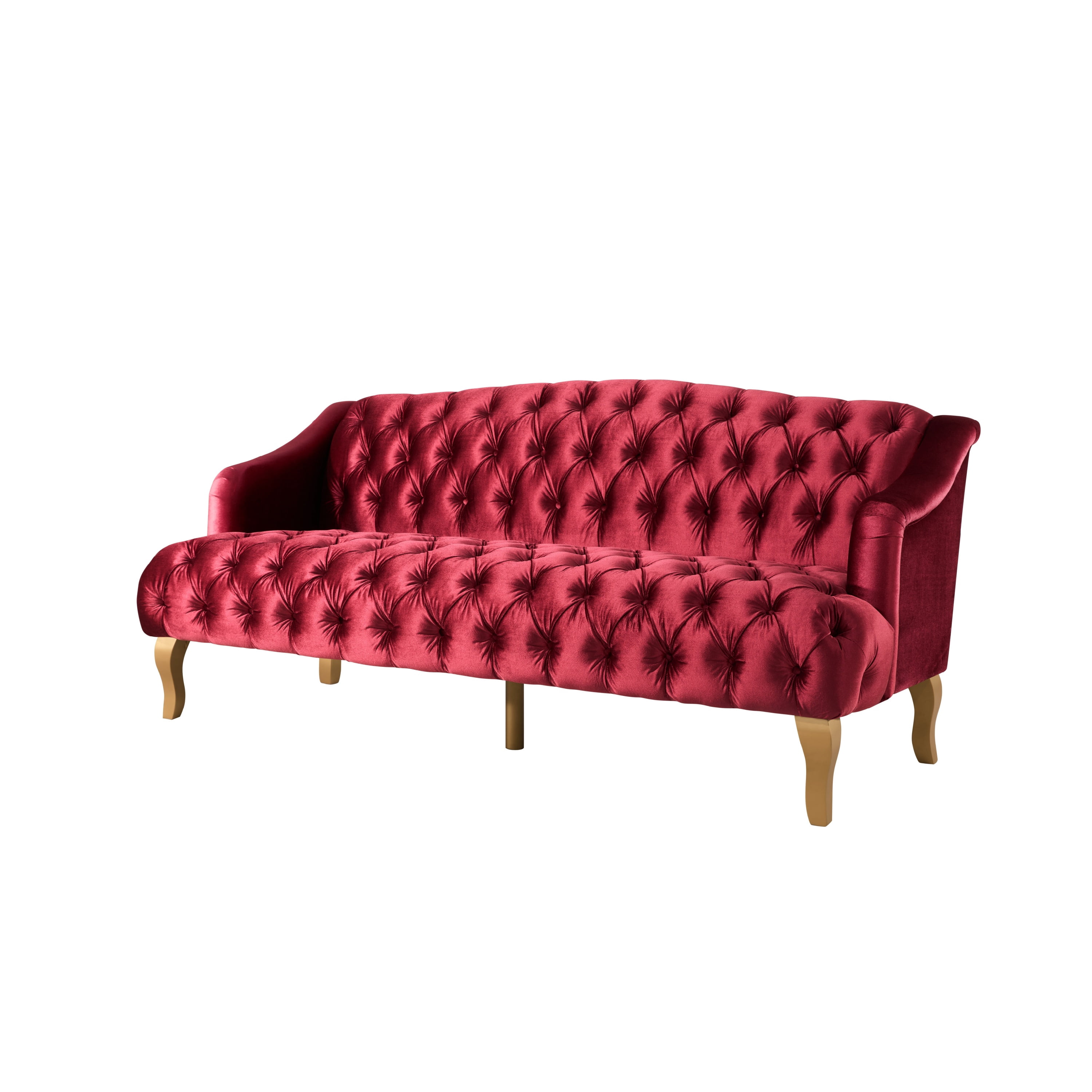 Christopher Knight Home 3-Seat Velvet Tufted Sofa, Contemporary Couch with Curved Wood Legs, Wine Red
