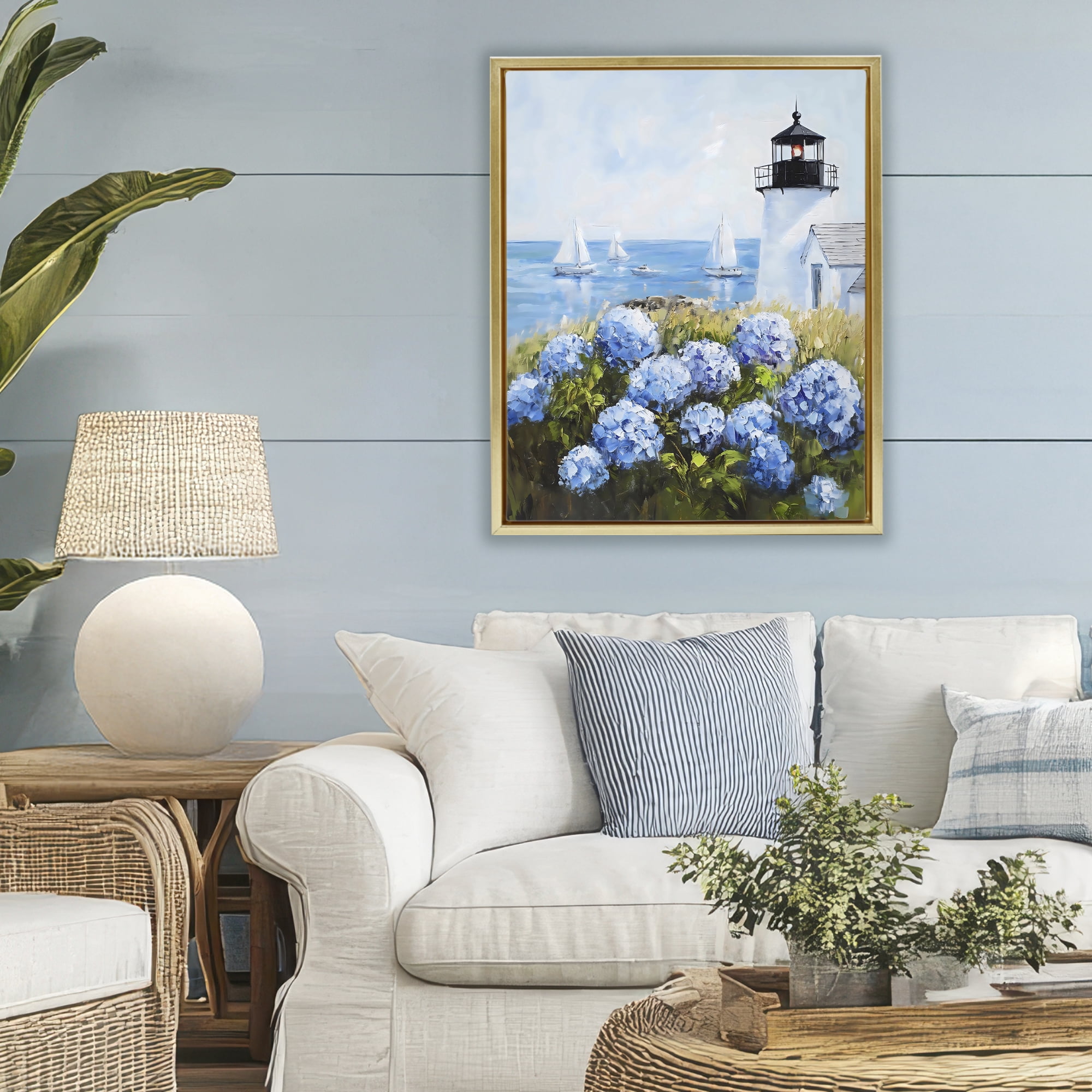 Stupell Industries Lighthouse Surrounded by Hydrangeas Gold Framed Floater Canvas Wall Art, design by Arlington Prints