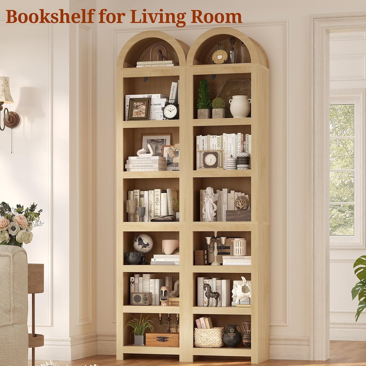76" Tall Narrow Arched Bookcase, 7-Teir Mid-Century Modern Bookshelf with Adjustable Shelves for Living Room, Home Office, Oak
