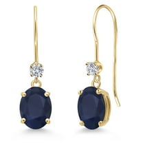Gem Stone King 14K Yellow Gold Blue Sapphire and Lab Grown Diamond Dangle Earrings for Women | 3.73 Cttw | Gemstone September Birthstone | Oval 8X6MM