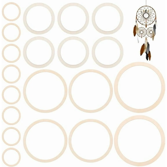 24Pcs 4 Size Dream Catcher Rings Round Wooden Macrame Hoop 2.9/4.9/6.8/7.9 Inch Wooden Floral Hoop Smooth Unfinished Macrame Ring Craft Hoop Rings Round Macrame Wreath DIY