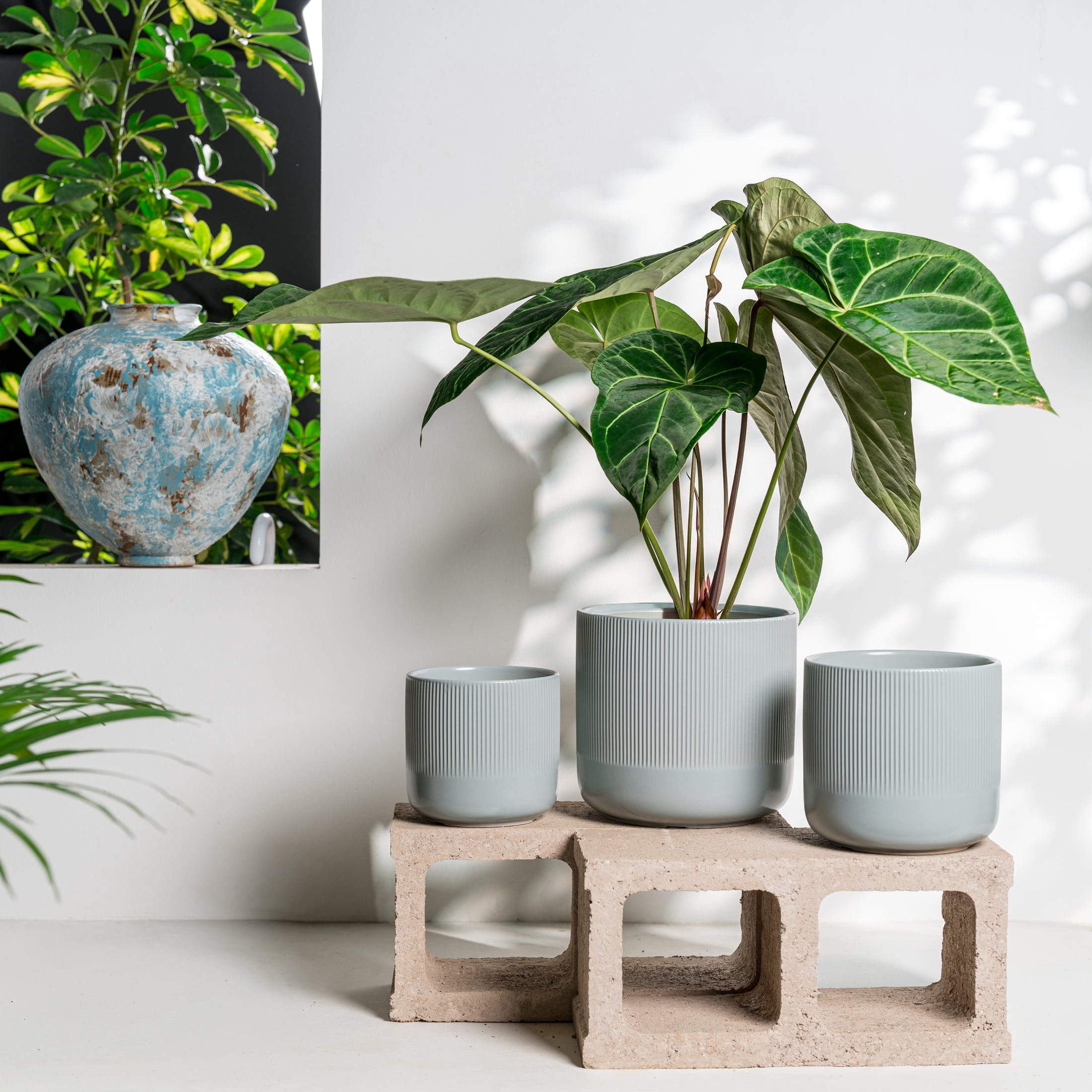 UMIAMOY Cylinder Ceramic Plant Pots,5.8+6.9+8.3 inch Plant Pots with Drainage Holes and Saucer,Set of 3 Ceramic Flower Pots for Indoor Outdoor Decoration,Blue