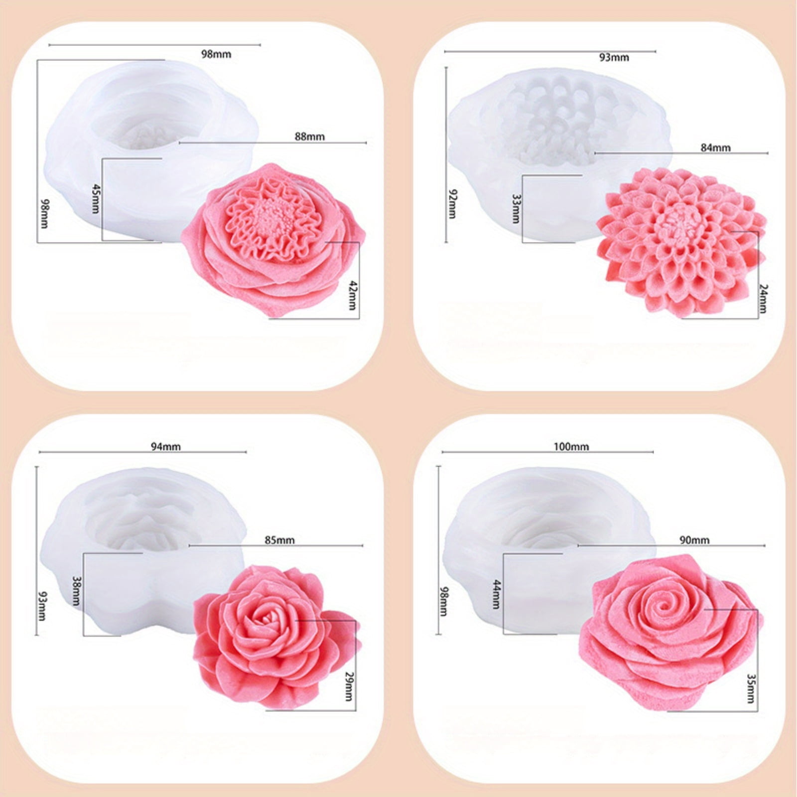 4Pcs Silicone Resin Molds, 3D Flower Silicone Cake Molds, Candle Casting Molds for Candle Making, Craft Molds for DIY Resin Candle Cake Making, Home & Wedding Decoration