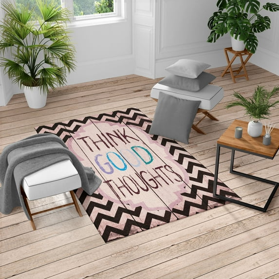 Saying Turkish Area Rug, Think Thoughts Message with Rainbow Colored Letters on Chevron Zigzag Lines, Soft Carpet for Living Room Decor with Distressed Look, 4' X 5.7', Seal Brown, by Ambesonne