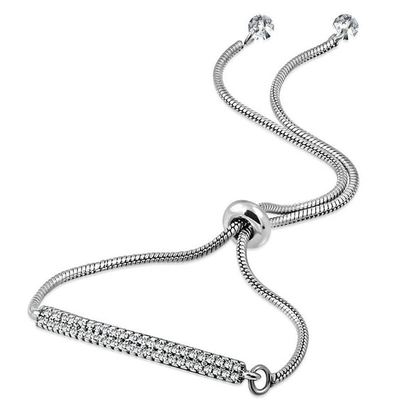 Stainless Steel Clear CZ Bar Adjustable Snake Chain Bracelet - Silver-Tone