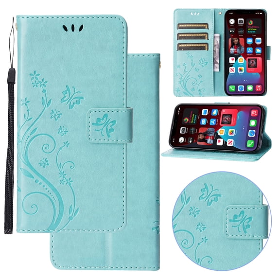 Wallet Case for Google Pixel 9 Pro XL,PU Leather Wallet Flip Kickstand Case [Magnetic Closure] [Wrist Strap] [Card Slots Holder] Embossed Butterfly & Flower Case for Women Girls,Green