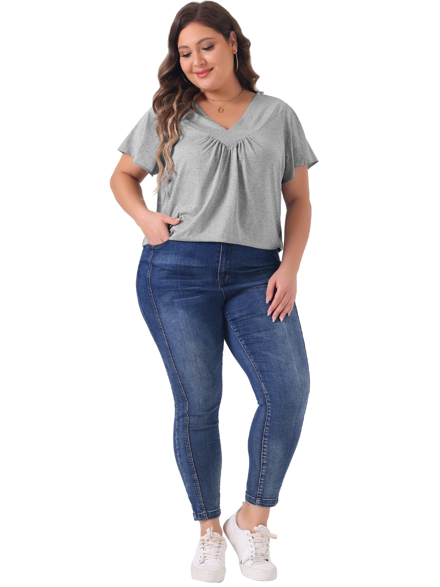 DARING DIVA Women's Plus V Neck Ruffle T Shirt Tee Tops 1X Grey