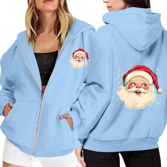 Ladies' Christmas Printed Zipper Long Sleeved Pocket Drawstring Casual Hooded Sweatshirt