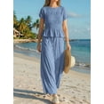 thumbnail image 6 of Womens 2 Piece Smocked Top Wide-Leg Pants Set High-Waisted Lounge Outfit with Pockets Matching Set Blue M, 6 of 10