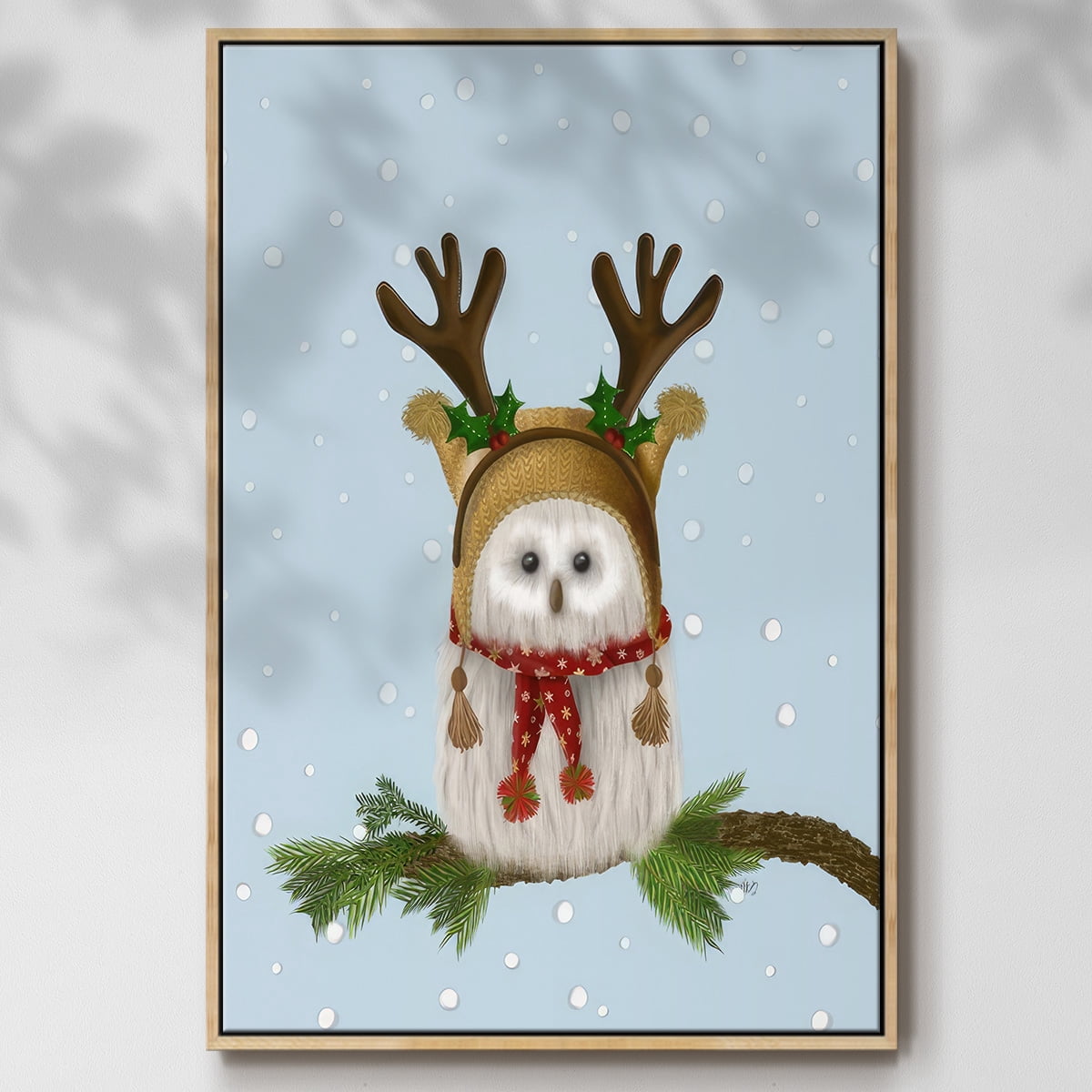 Christmas Fluffy Owl and Antlers - Framed Gallery Wrapped Holiday Canvas - 27 x 41 - Natural Wood Frame
