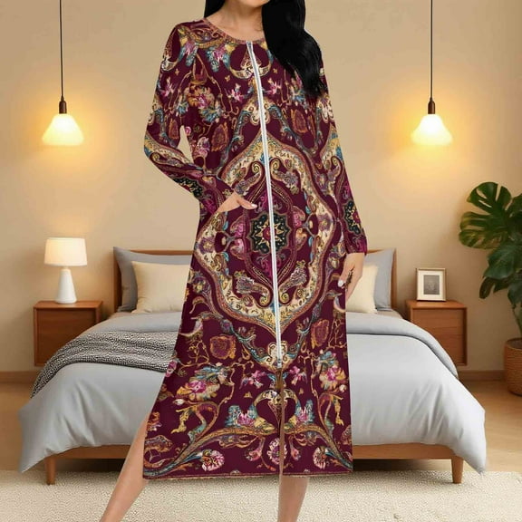 Fartey Women's Zipper Front Nightdress Loose Casual Long Sleeve Housecoat Vintage Graphic Nightgown Full Length Loungewear with Pockets Multicolor S