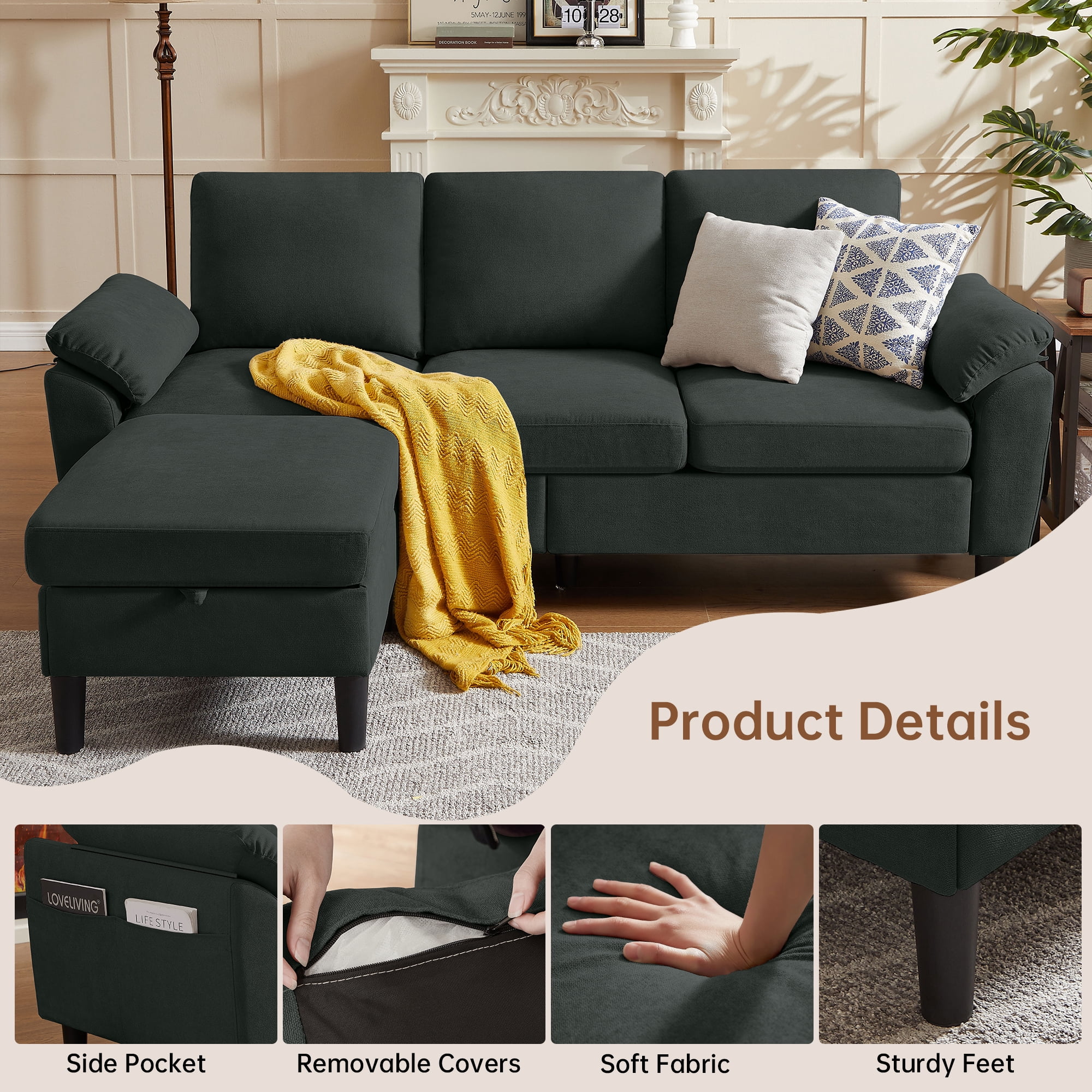 Pingliang Home 80" Sectional Sofa Couch,L Shaped 3 Seat with Reversible Storage Ottoman and Side Pockets, Modern Polyester Fabric Sofa Couches for Living Room Apartment Office Studio Small Space