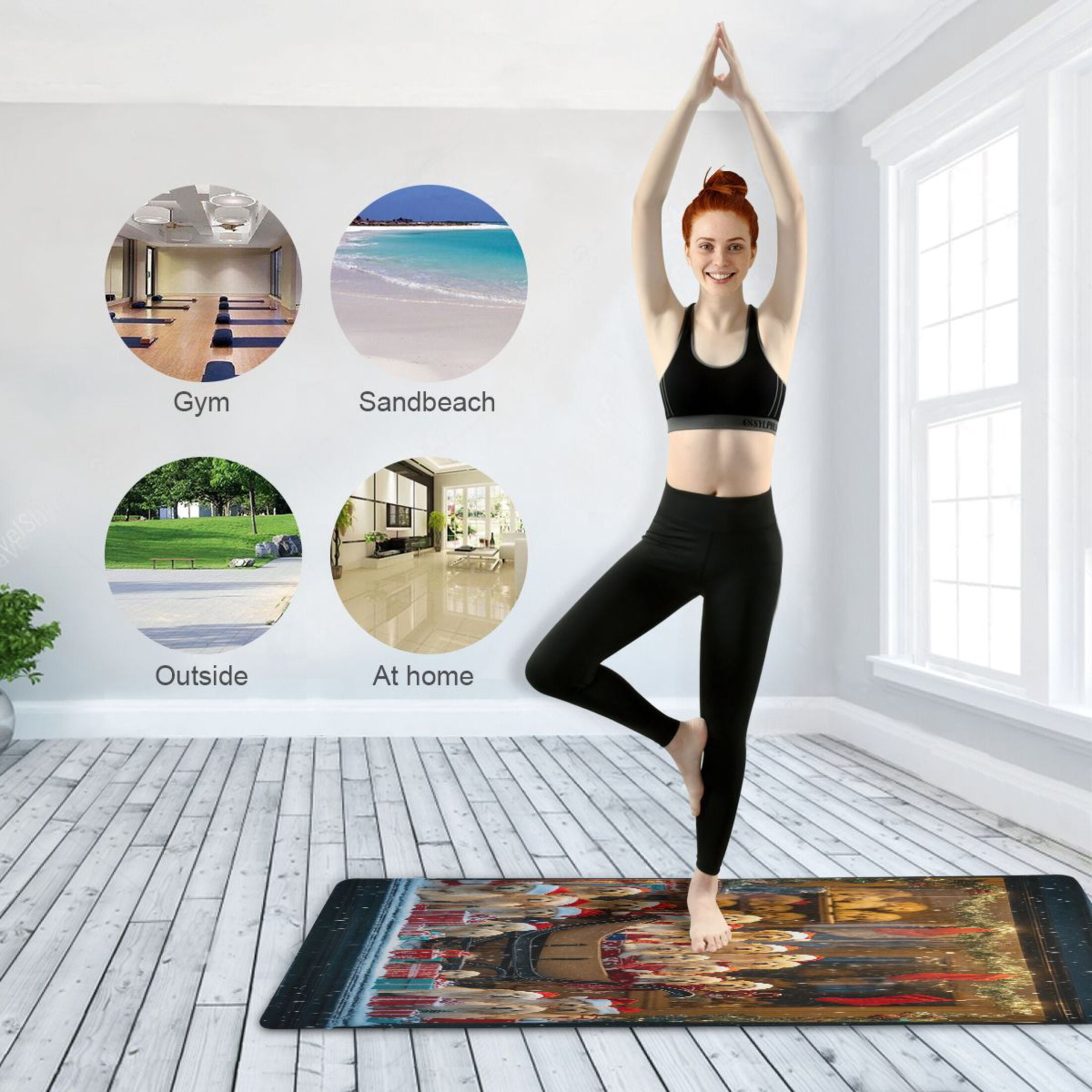 BZSMCE Yoga Mat Women Puppies in Santa Hats Sleigh Fitness Mat