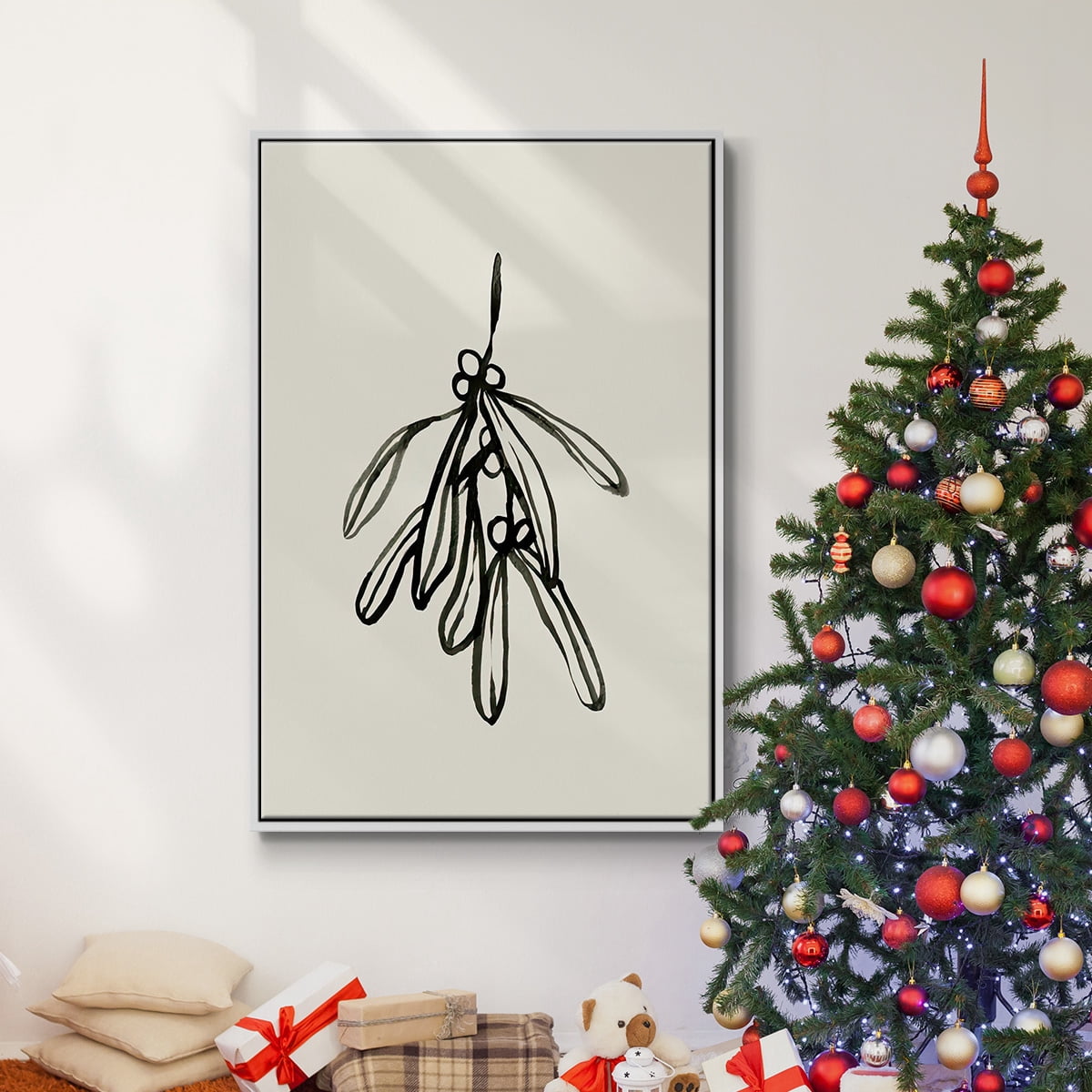 Mistletoe Sketch II - Framed Gallery Wrapped Holiday Canvas - 17 x 25 - White Frame