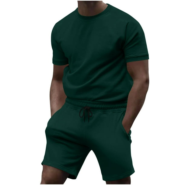 Conjunto de Pantalones de Dos Piezas de Color Sólido Casual de Manga Corta de los Hombres Camiseta Y Pantalones de Playa con Bolsillos Verano