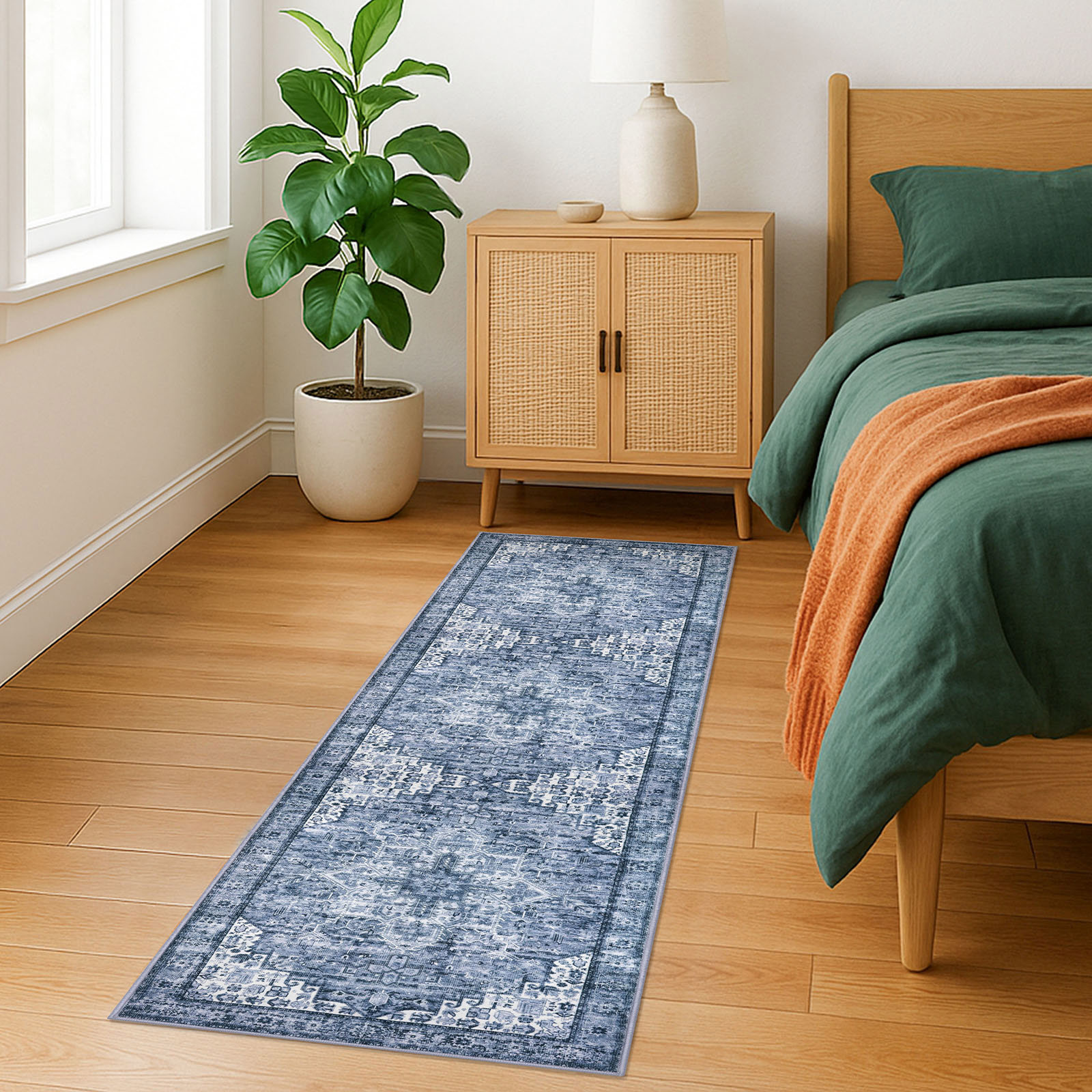 Suelur Runner Rugs 2x7 Blue Runner for Hallways Non-Slip Washable Kitchen Runner with Rubber Backing Soft Printed Distressed Medallion Floor Carpet Runner for Laundry Bedroom Entryway