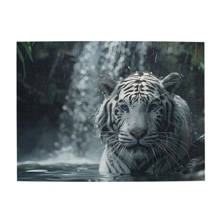 1000-Piece Wooden Jigsaw Puzzle for Adults - White Tiger Waterfall Jungle Fun & Relaxing Family Game No-Dust Interlocking Pieces Perfect Wall Decor & Holiday Gift