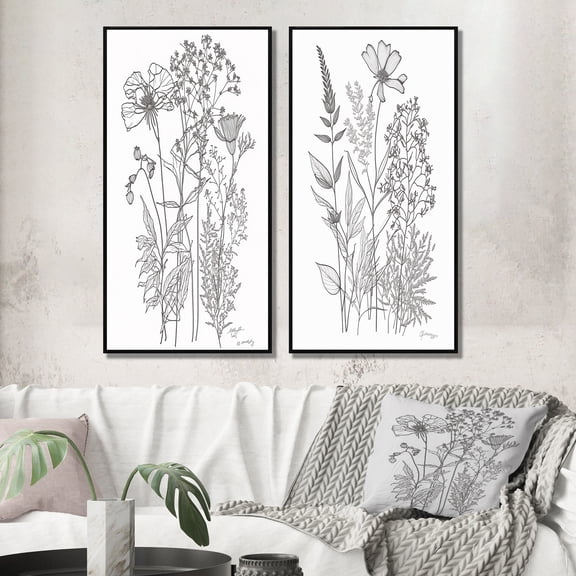 Designart "Minimalist Drawing Wildflowers on White IV" Wildflowers Framed Wall Art Set Of 2 - Traditional White Framed Canvas Set For Living Room Decor