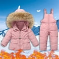 thumbnail image 2 of ZCFZJW Baby Boys Girls Two Piece Snowsuit, Winter Toddler Kids Long Sleeve Hooded Puffer Thickened Down Jacket Coat with Long Snow Ski Bib Pants Outfits Set C-Pink 1-2 Years, 2 of 9