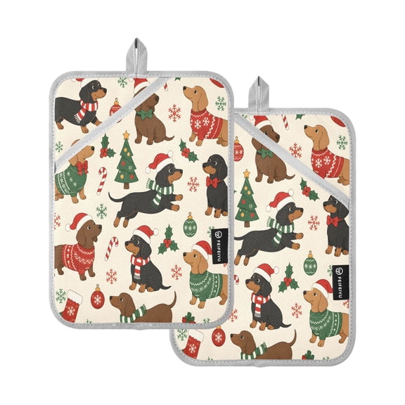 Two Pieces Of Square Heat Insulation Pad Oven Mitts Dogs Wearing Christmas 7x9.8 Inch Oven Microwave Kitchen Cooking Baking