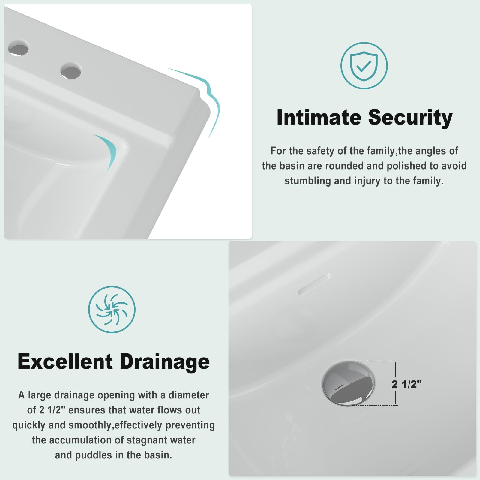 Pedestal Sinks, Ceramic Sink for Bathroom, Rectangular Shape, Space-Saving, Overflow & Single Faucet Hole