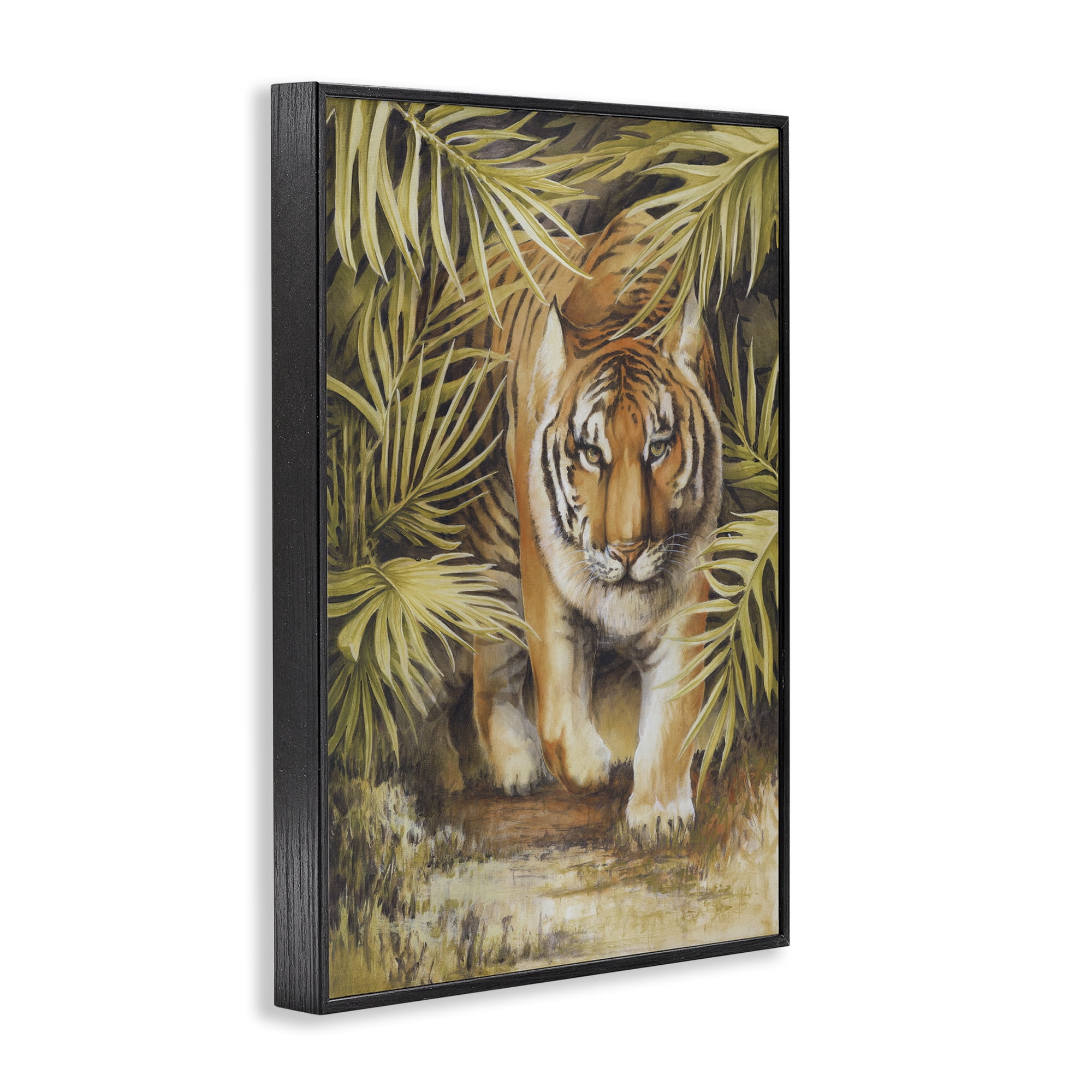 Stupell Industries Tiger Prowling Through Leaves Animals & Insects Painting Black Framed Art Print Wall Art, 16 x 24