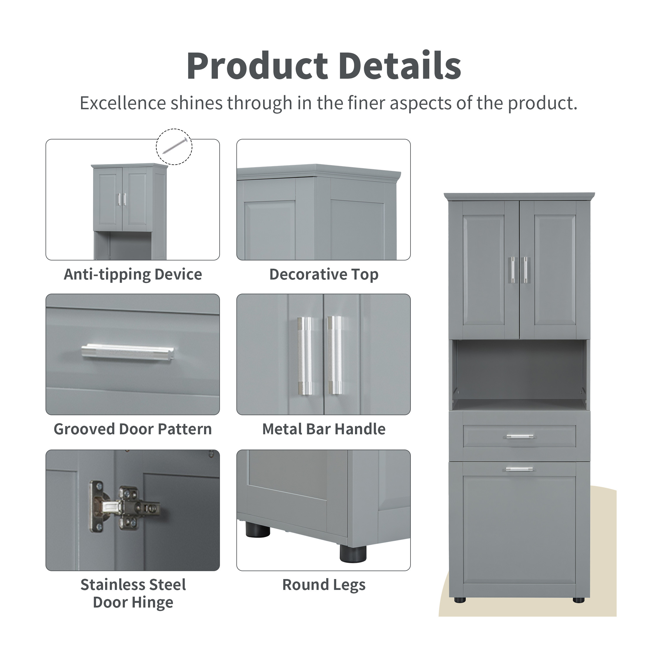 GDF Studio 69.9" Tall Bathroom Storage Cabinet with Tilt-Out Laundry Basket, 2 Doors, 2 Shelves and 1 Drawer, Gray