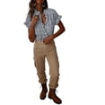 thumbnail image 6 of Craaazy Women's Relaxed Fit Plaid V Neck Blouse, Short Sleeve Ruffle Button Down Tops, Comfy Business Casual Shirt for Spring Gifts, 6 of 9