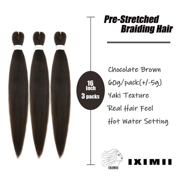 WEIF-3 packs 4# Pre Stretched Braiding Hair 16 inch Chocolate Brown Braids Hair Pre-Stretched Straight Soft Yaki Texture Hot Water Setting Synthetic Hair Extensions