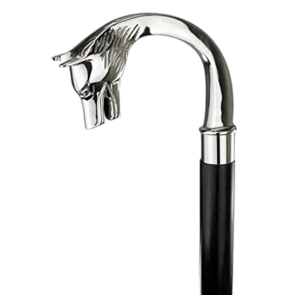 “Brass Walking Cane – Black Wooden Stick with Silver Handle, Victorian Vampire & Dracula Costume Cane for Halloween”