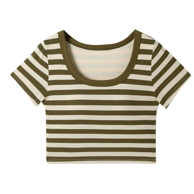 Haut à Rayures à Manches Courtes et Col Rond pour Filles avec Coussin de Poitrine, Mélange Doux de Coton-polyester, Vêtement de Sport Respirant, Usage Quotidien Décontracté, pour les 14–20 Ans