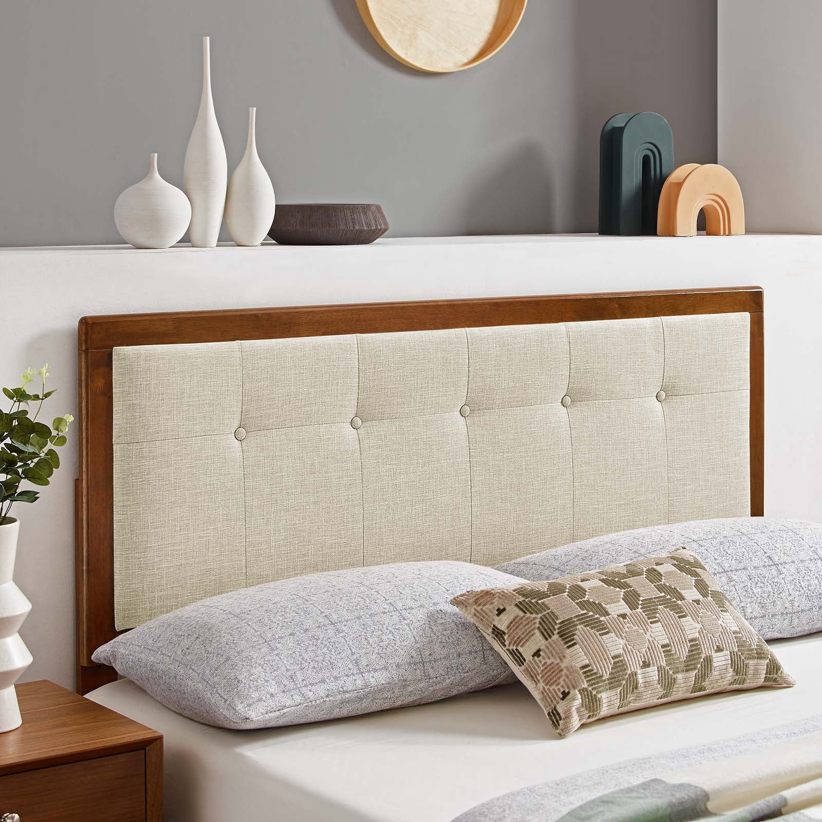 Tufted Headboard, Full Size, Wood, Fabric, Brown Walnut Beige, Modern Contemporary Urban Design, Bedroom Master Guest Suite