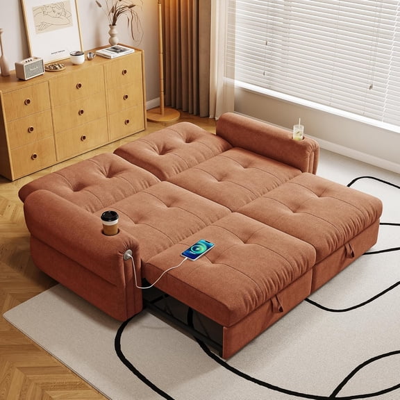 77'' Sleeper Sofa Bed Full Size, Chenille Futon Couches, Convertible Pull Out Couch, 5min Assembly, Adjustable Backrest, USB, 2 Cup Holders, Loveseat for Small Space, Living Room, Orange