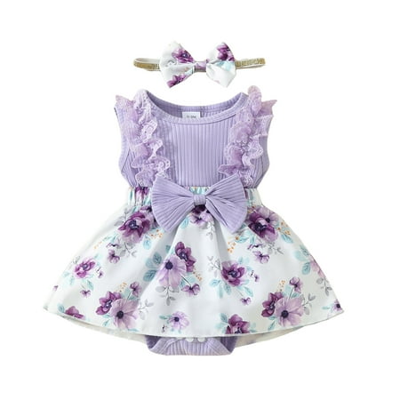 

Romper for Kid Girl Girls Sleeveless Ribbed Bowknot Romper Floral Prints Bodysuits Dress Headbands Outfits Purple 9-12 Months Baby Girl Coming Home Clothes