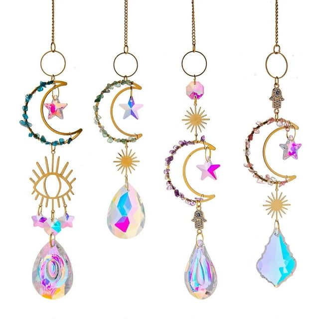 Celestial Sun Catcher Prism Window Crystal Wind Chime Moon Dream Catcher Natural Stone Wind Bells Hanging Garden Decoration