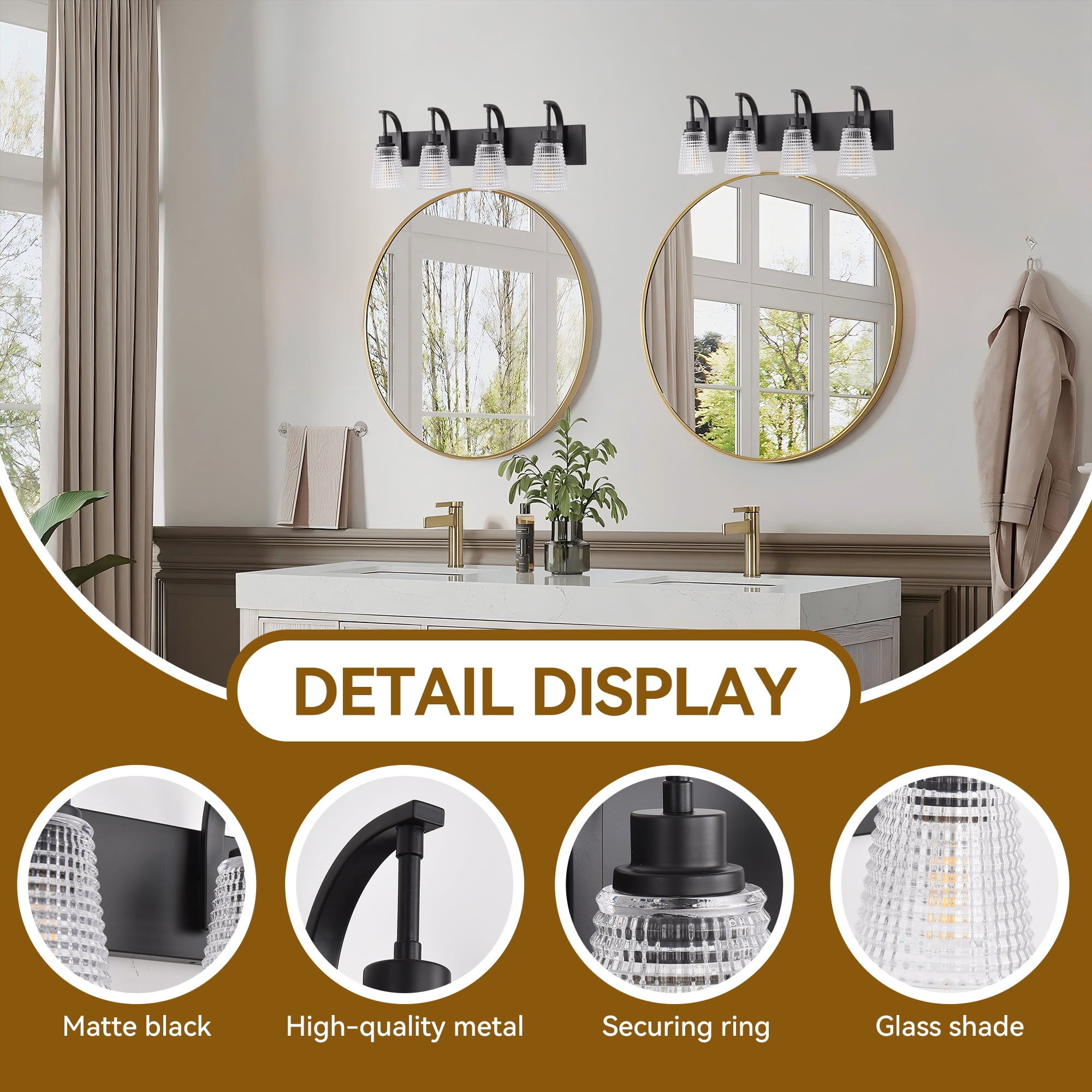 4-Light Matte Black Vanity Light, Modern Farmhouse Bathroom Light Fixture with Clear Rippled Glass Shades for Mirror, 28.74 Inch