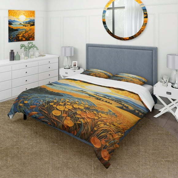 Designart "Post-Impressionist Golden Grain Harvest II" Ensemble de Literie Vangogh - Paysages Ensemble de Lit Traditionnel Jaune avec 2 Taies d'Oreiller