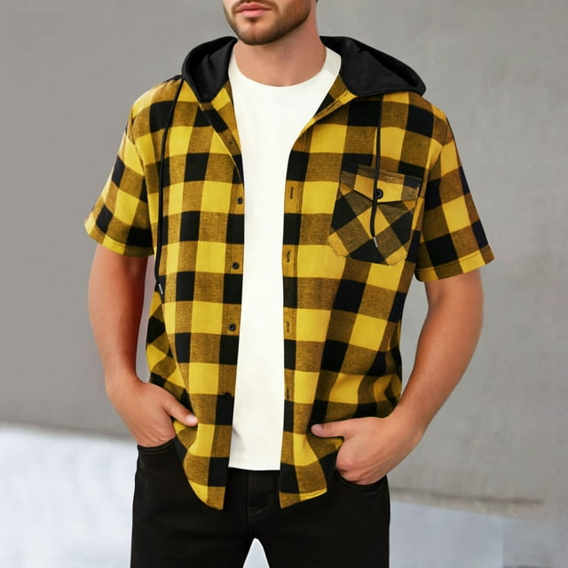 Mens Plaid Short Sleeve Shirts Button Down Hooded Drawstring Loose Fit Shackets with Chest Pockets Casual Summer Tops, Yellow, L