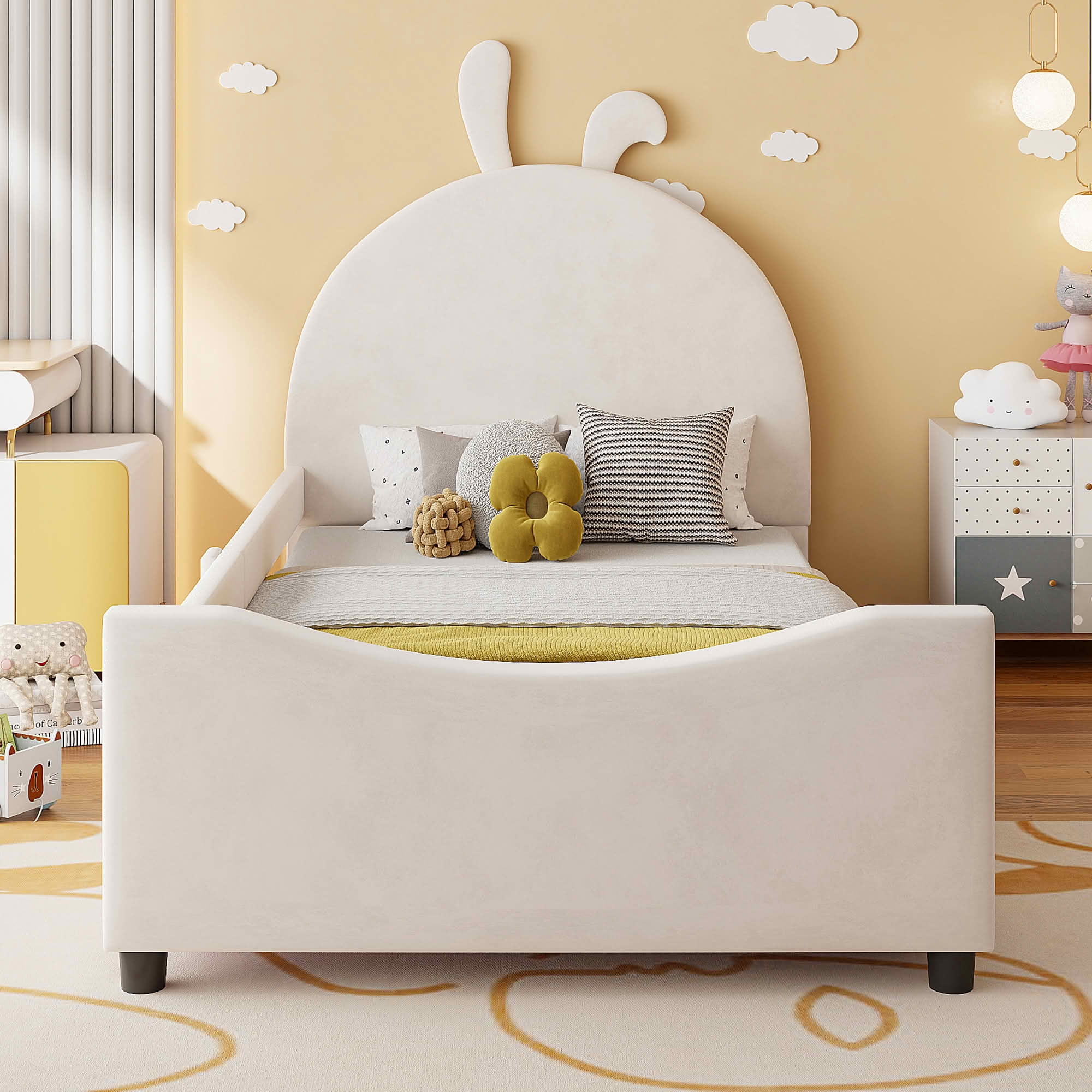 MAYEERTY Twin Size Daybed with Rabbit Ear Headboard, Lively Color Upholstered Kids Bed