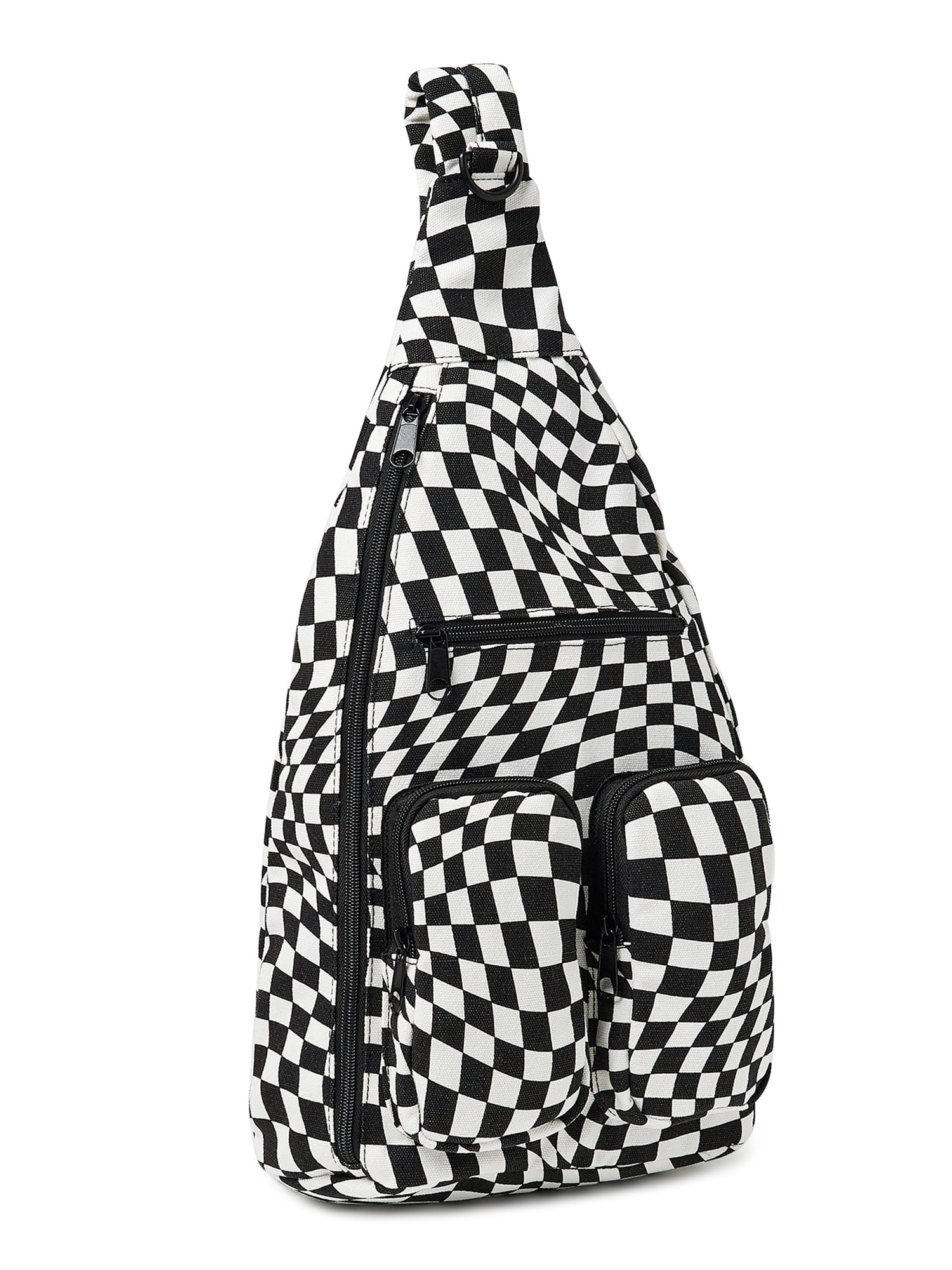 No Boundaries Women’s Hands Free Cargo Sling Bag Black White Checker Print