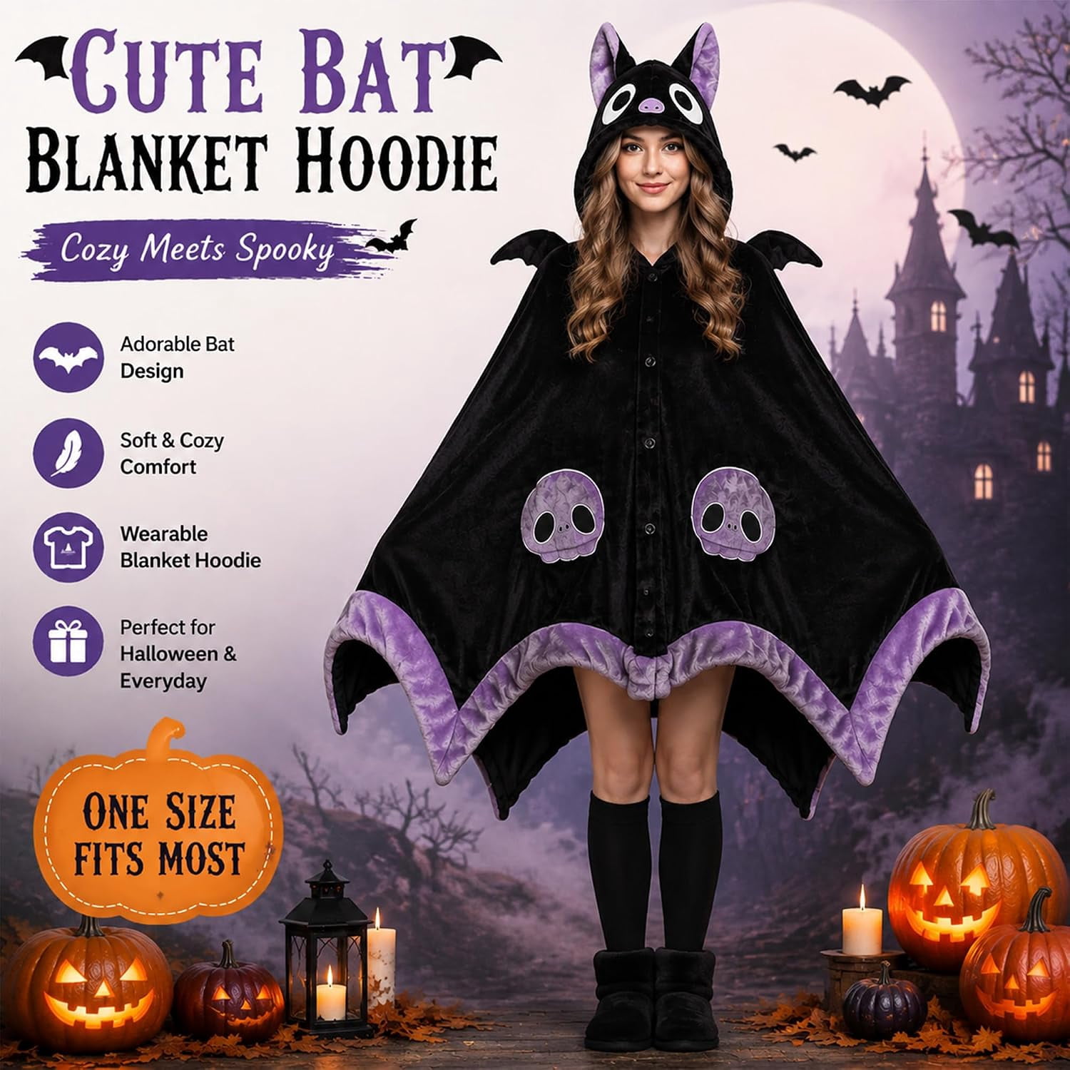 Bat Blanket Hoodie, Halloween Wearable Blanket with Hood | Soft Cozy Oversized Halloween Snuggie for Adults and Teens, for Cosplay, Parties, Lounging and Gifts
