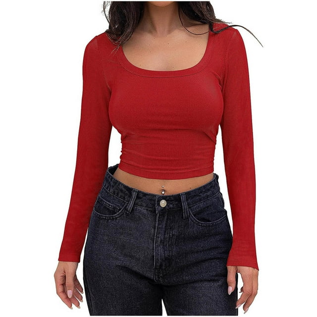 Timegard Crop Tops pour Femmes Côtelé Col Rond Manches Longues Ajusté Confortable T-Shirt Décontracté Blouse Automne