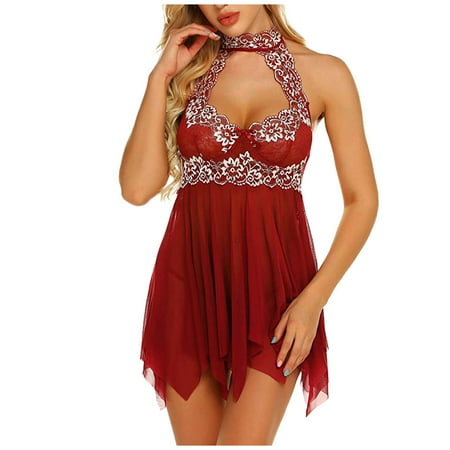 

DNDKILG Women Chemise See Through Babydoll Mini V Neck Sleepwear Lace Nighty Lingerie Red M