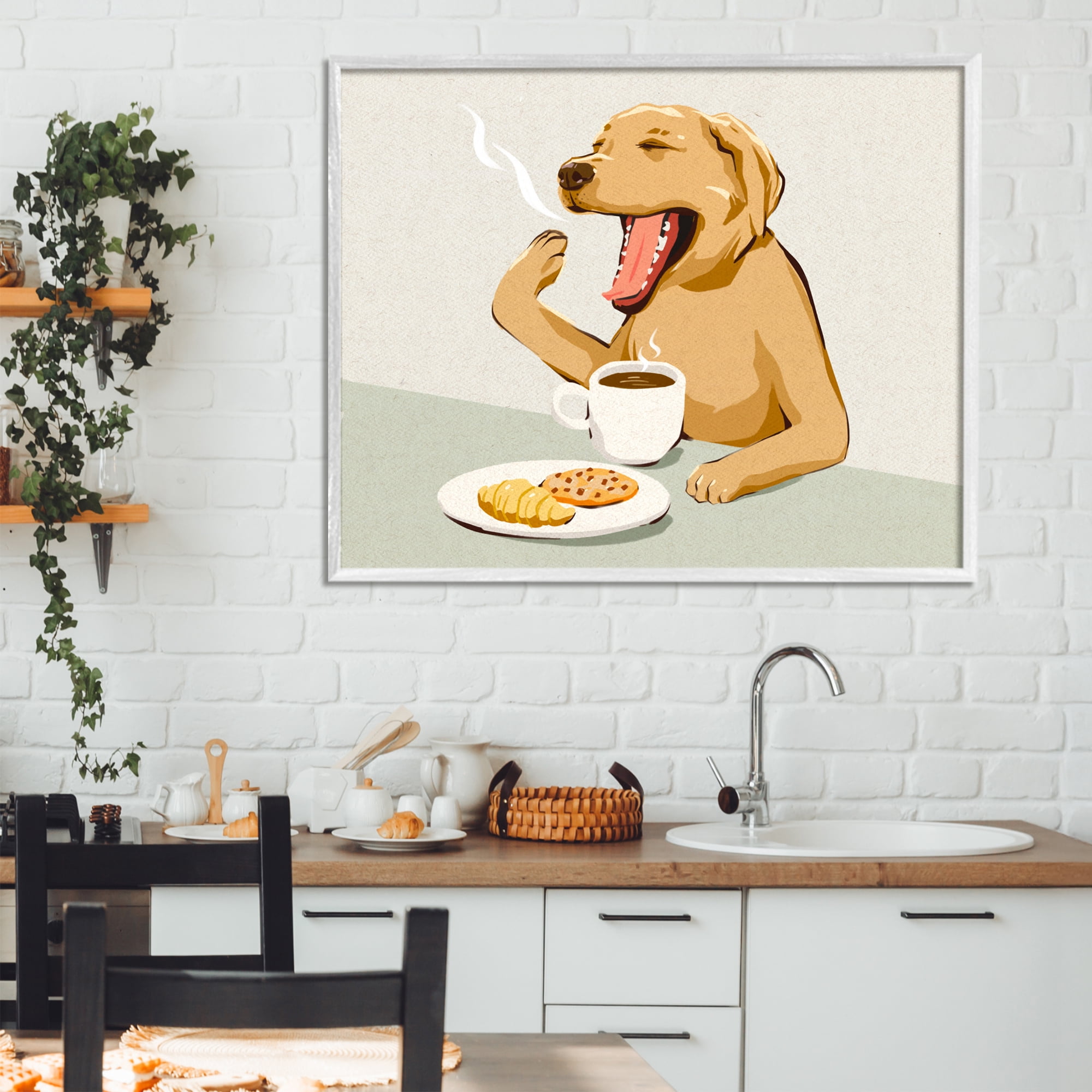 Stupell Industries Yawning Dog with Morning Coffee White Framed Giclee Art, design by Ziwei Li