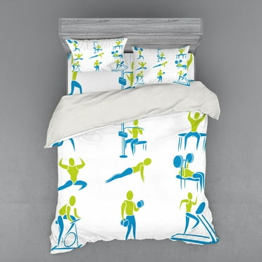 Ambesonne Fitness Bedding Set 4 Pcs, Gym Activity Equipment, Queen, Apple Green Sky Blue