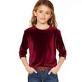 thumbnail image 2 of AHTJRT Velvet Shirts for Girls Warm Cozy Comfort Soft Round Neck 3/4 Sleeves Tee Tops Fashion Fall Spring Lounge Active Solid Color Tee Shirts Wine 11-12 Years, 2 of 6