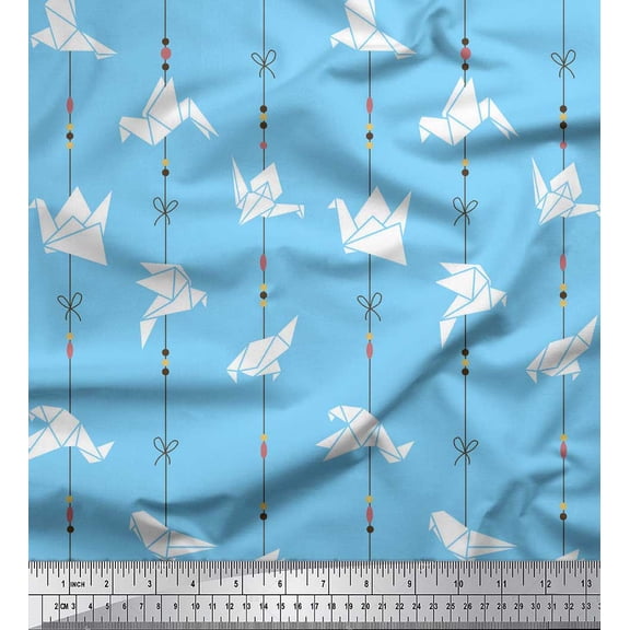 Soimoi Blue Poly Georgette Fabric Stripe & Paper Bird Art & Craft Print Fabric by the Yard 42 Inch Wide