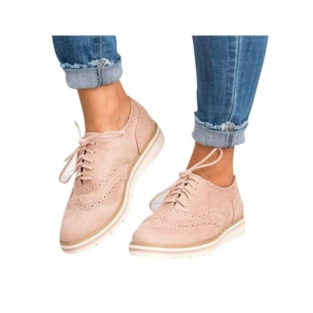 

Lacyhop Women Casual Shoes Lace Up Brogues Wingtip Flats Driving Breathable Leather Shoe Lightweight Comfort Pink US 5